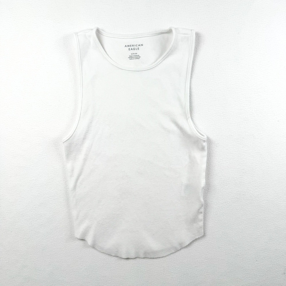American Eagle Womens White Ribbed Crew Neck Tank Top Curved Hem Size Small